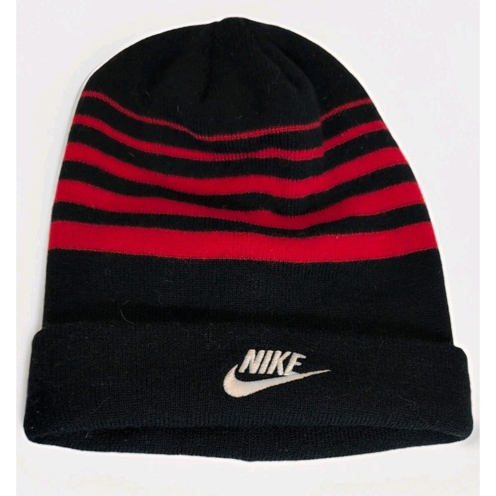 Nike Beanie Youth One Size- Embroidered Logo-black with red stripes